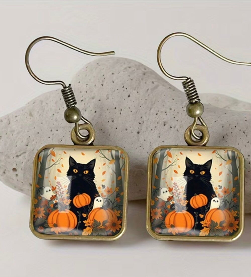 Halloween Black Cat Pumpkin Ghost Dangle Earrings Antique Bronze Tone Autumn New